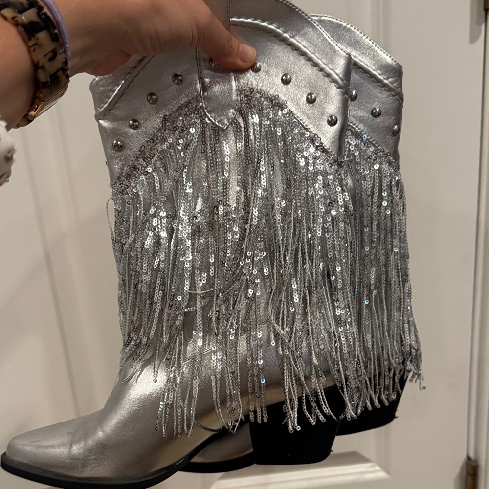 Glamorous Silver Fringe Heeled Boots